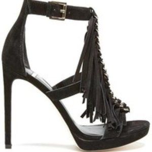MARCIANO by Guess  Black Fringe Suede Heeled Sandals by GUESS by Marciano